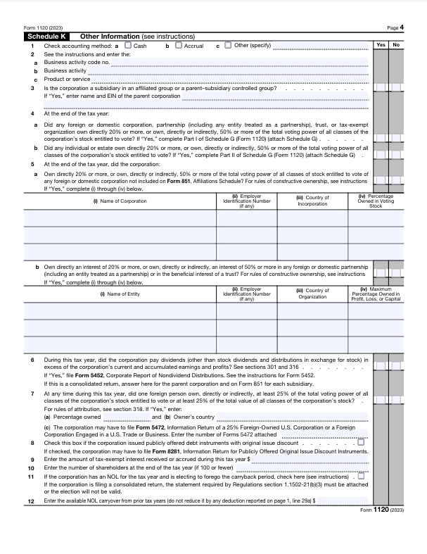 Form 1120 Schedule K